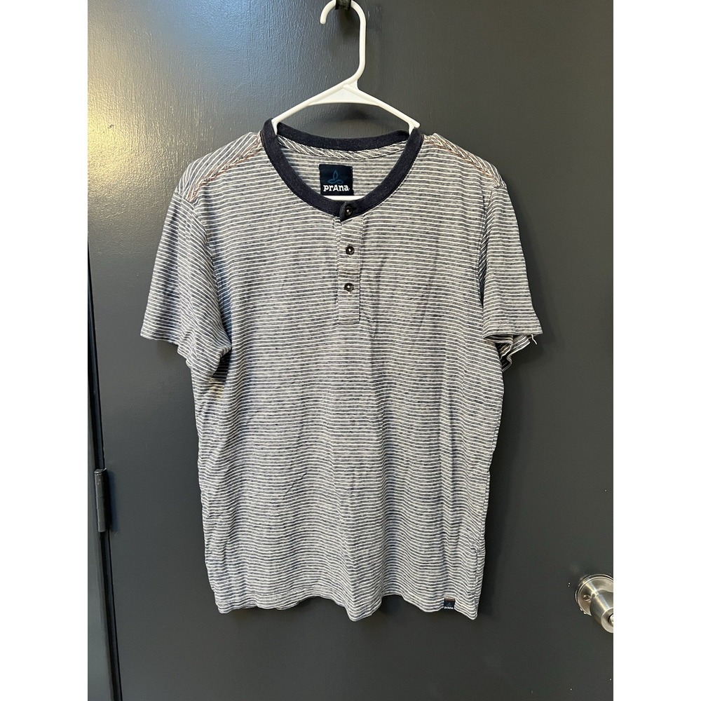 Prana Denning Shirt Mens Sz M Short Sleeve Henley Blue White Stripe Hemp